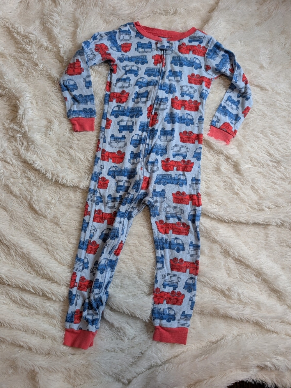 Simple Joys By Carter's Cotton Red & Blue Truck Print One Piece Pajamas Size 3T